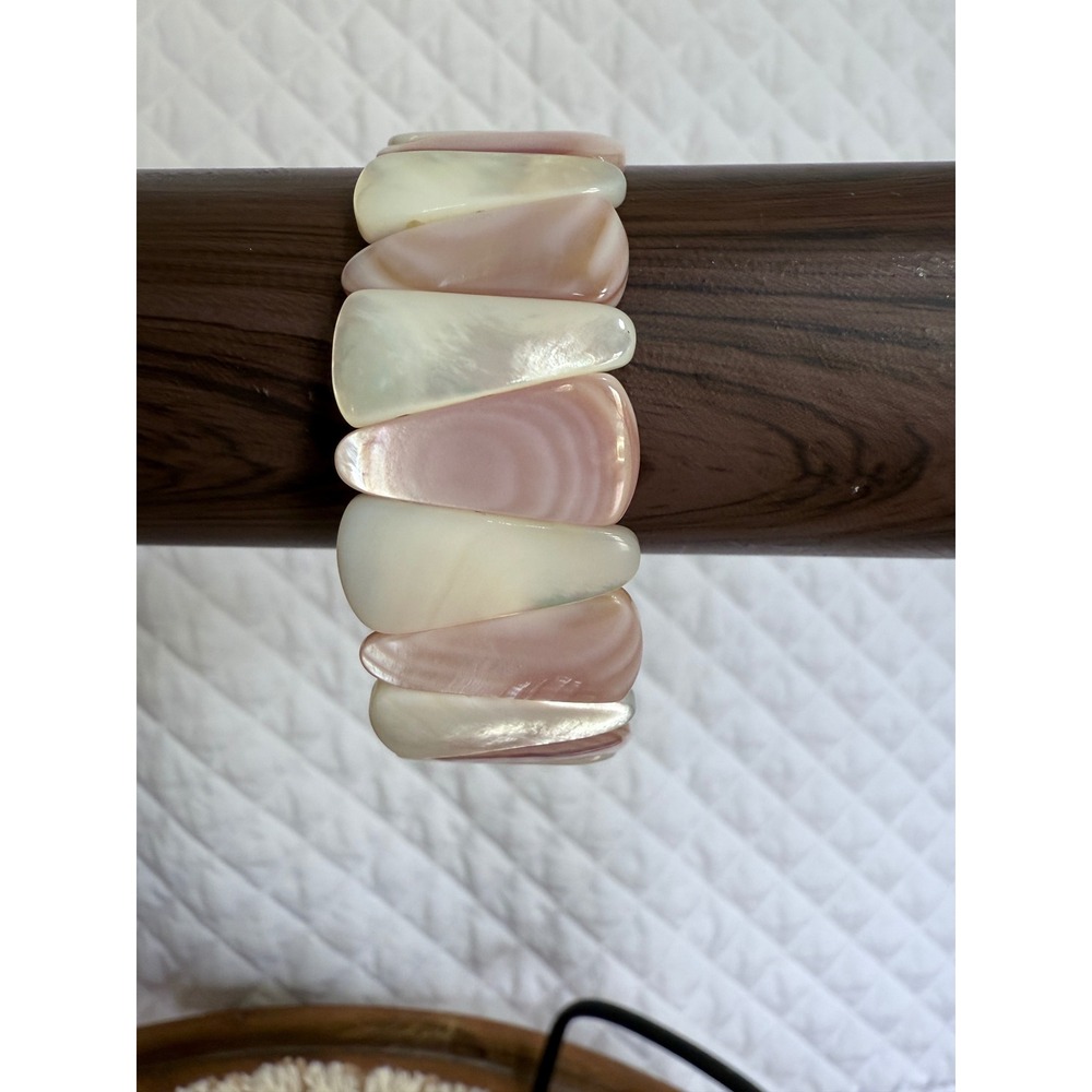 Mother of Pearl Shell Stretch Bracelet Pink Cream Iridescent Statement Boho Chic